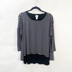 Chico's 1 Medium Womens Black/White Striped 3/4 Sleeve Layered High Low T-Shirt